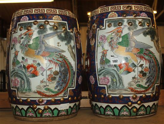 Pair Chinese porcelain barrel garden seats(-)